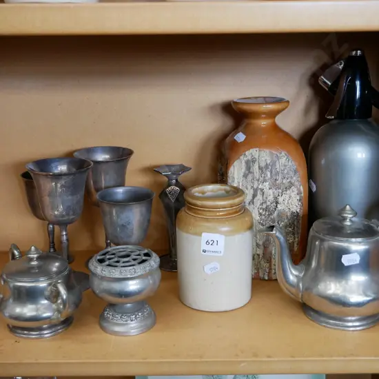 plated goblets, vase, soda syphon etc