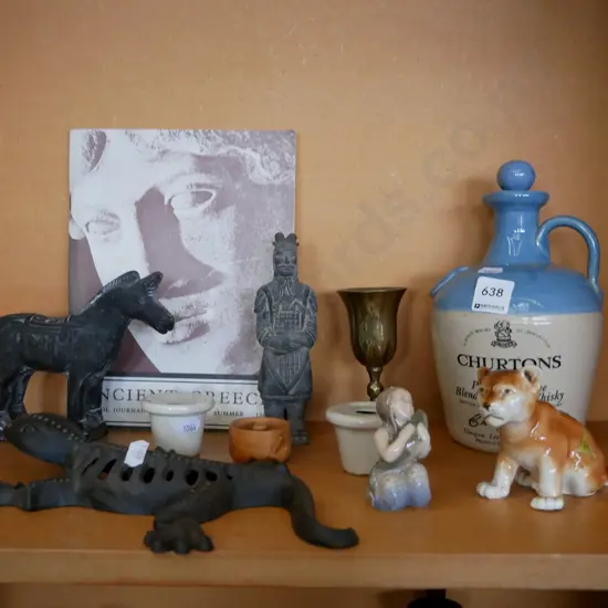 figurines, cast iron lizard, whisky bottle etc
