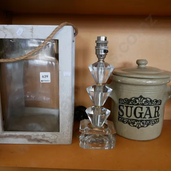 glass canister and wooden box; stoneware lidded sugar and glass table lamp base
