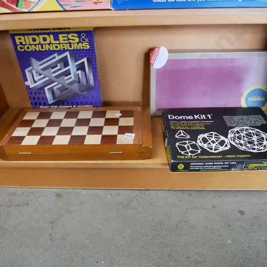 chess set, scrabble, dome kit, Mensa riddles and conundrums