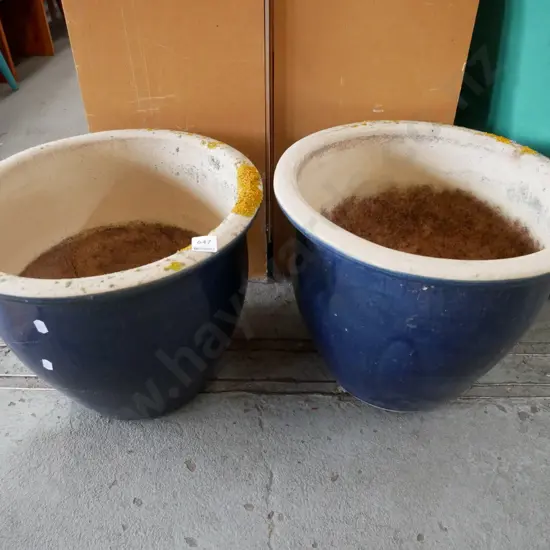 pair of blue glazed garden planters H- 320, Diam - 400