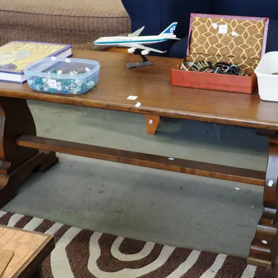 solid oak refrectory based coffee table H- 470, W- 1220, D- 450