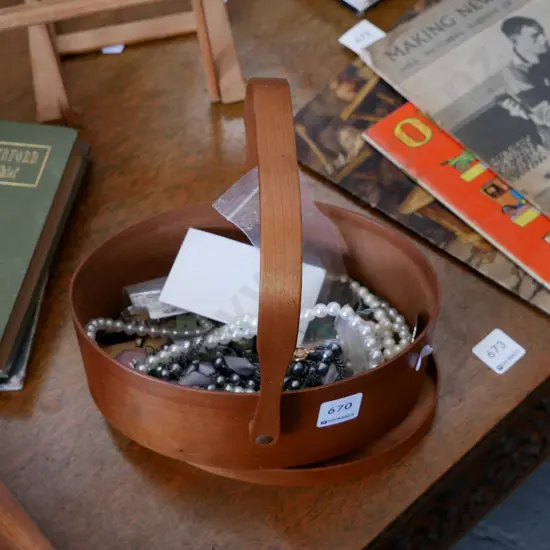 wooden basket and costume jewellery contents