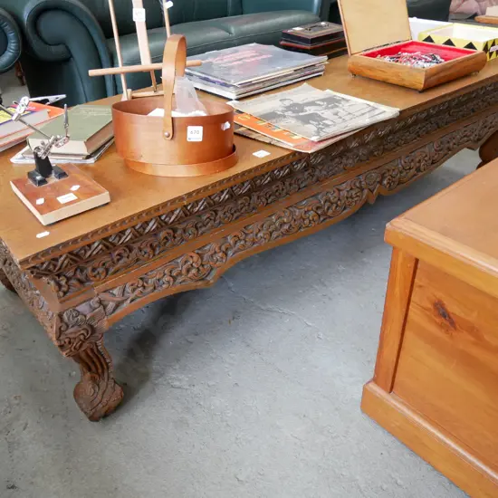 heavily carved cab leg solid wood coffee table, some stains to varnish H- 410, W- 1530, D- 600