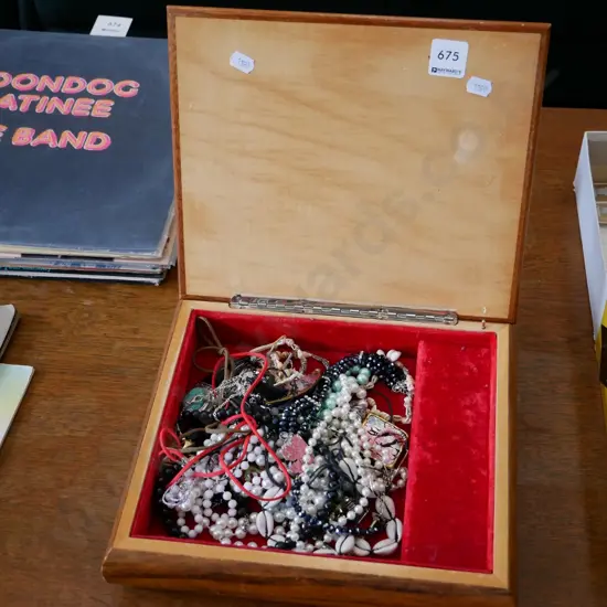 marquetry inlay jewellery box and costume jewellery contents