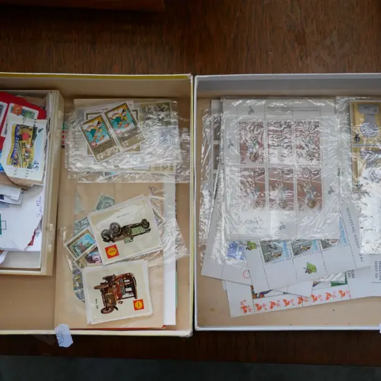 2 boxes collectors cards and stamps - red dots