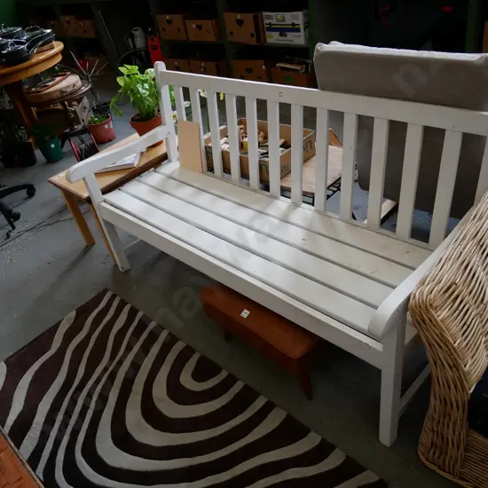 white painted wooden garden bench seat H- 860, W- 1510, D- 580