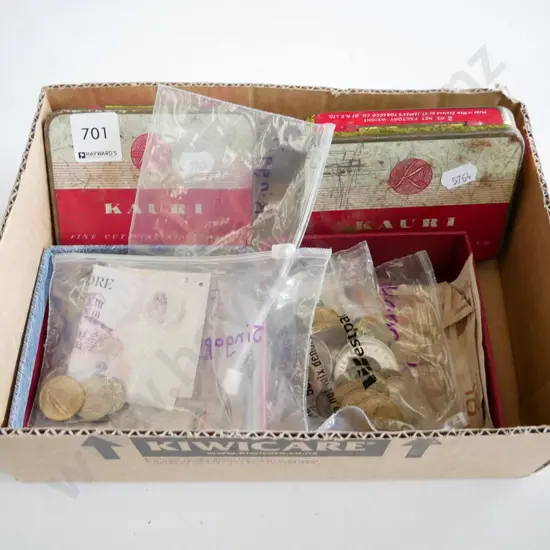 box various coins and banknotes