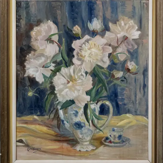 Myra Thompson - framed oil on board - still life flowers  H-590 W-490