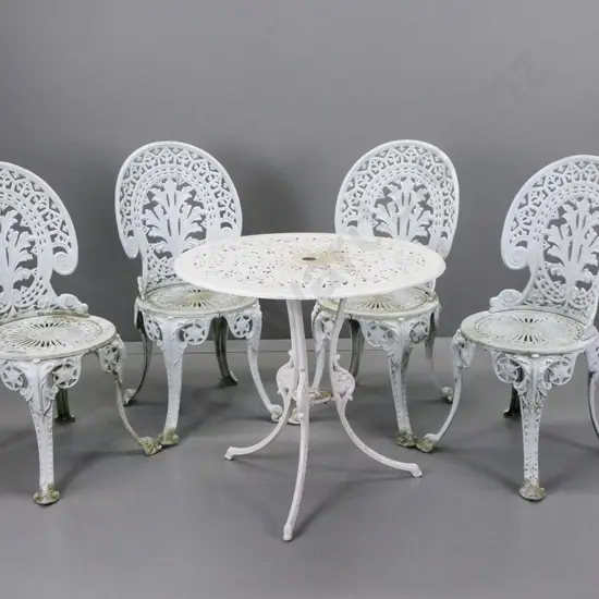 5-piece white painted alloy patio set w/ 3 legged round table & 4 chairs H-670 D-710