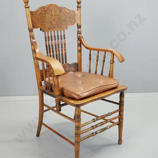 vintage oak & beech pressed-back carver dining chair with turned spindle back, base and legs, non-original buttoned