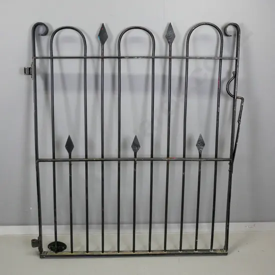 vintage wrought iron gate with arrow-head decoration, some pitting - plaque with "G.J. Manson Dunedin" H1150 W1040