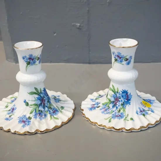 pair of Hammersley bone china cornflower pattern candlesticks H-100 D-115