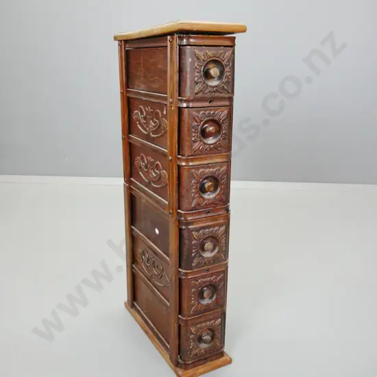 narrow set of 6 drawers made from sewing machine drawers with pressed and applied decoration - polish wear to top