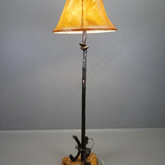 wrought iron standard lamp on polished stone or composite base, twin bulb fitting, animal hide shade H-1800 Shade D-620