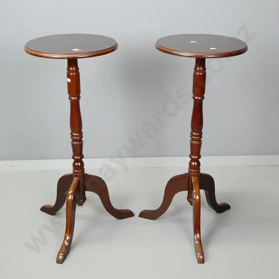 pair of reproduction mahogany round top pedestal candle stands - made in Taiwan label H-730 D-310