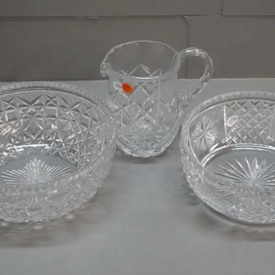 3 pieces of cut crystal 2 salad bowls, larger D-270, and a jug H-130