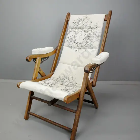 vintage beech adjustable tilting armchair stains/wear to fabric on seat and arms H-960 W-660 D-640
