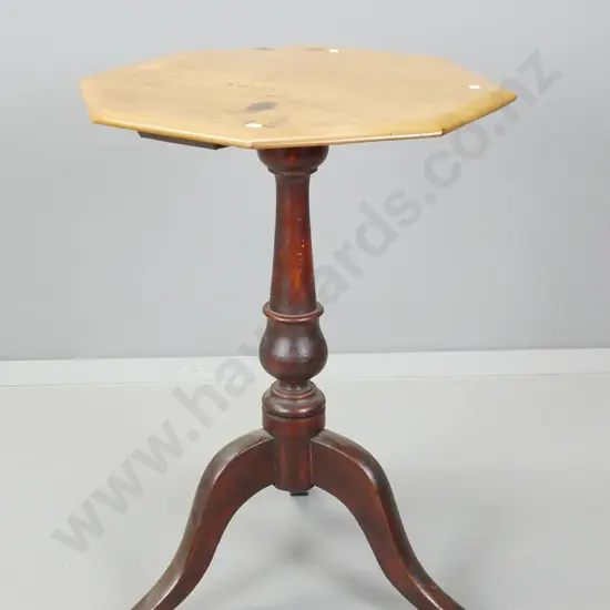 colonial kauri octagonal top wine table on turned stem, tripod base - staining to top H-750 D-510