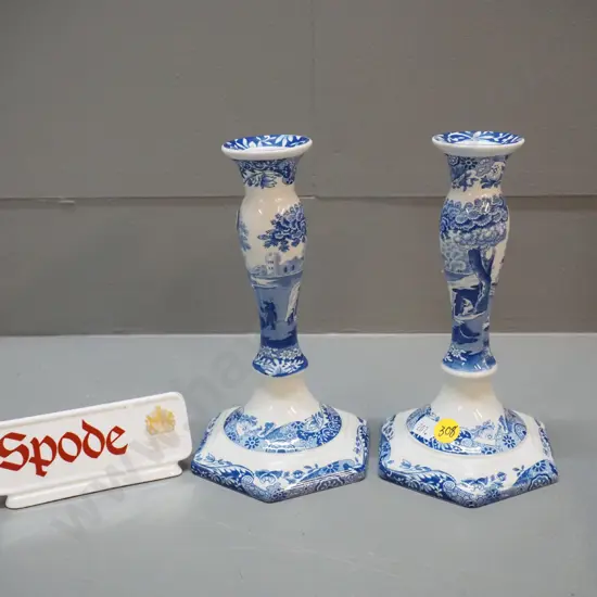 pair of Spode Blue Italian candlesticks H-180 and a small Spode display sign