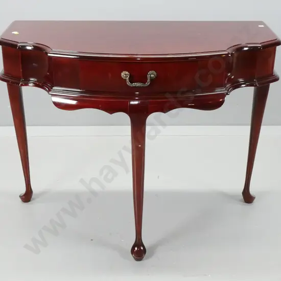 reproduction mahogany cab-leg hall / console table eith serpentine front, single drawer w/metal drop handle  H730 W900