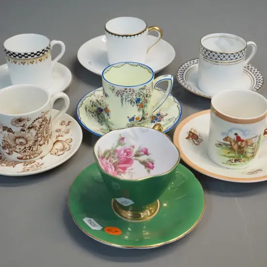 7 assorted china espresso / demi-tasse cups & saucers - Grafton, Royal Albert, Paragon, Shelley etc.