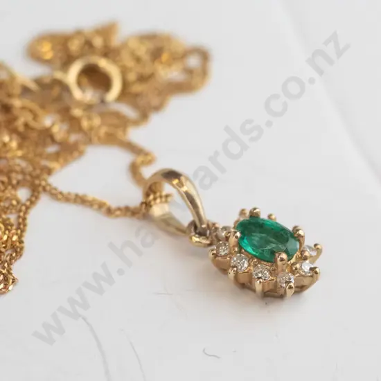 9ct gold emerald and diamond cluster pendant on very fine 9ct curb chain 45cm, 1.6gms total