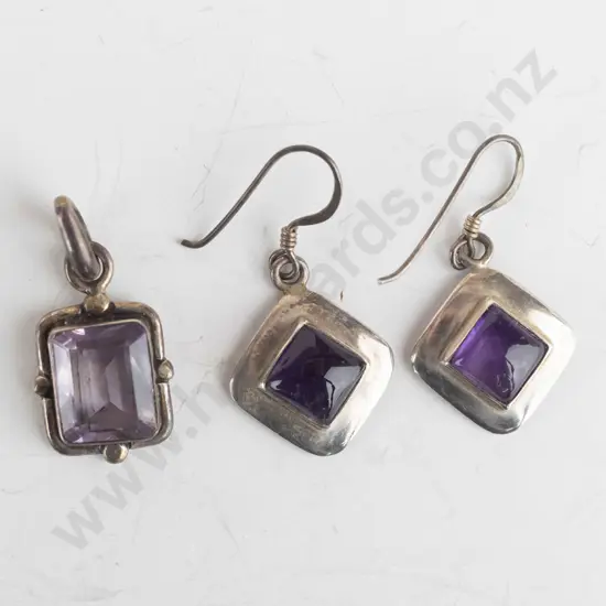 amethyst necklace stamped 925 [no chain] & pair of amethyst earrings stamped 925