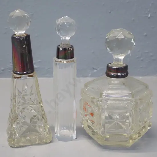 3 cut glass scent bottles with sterling silver trim - tallest is H-150