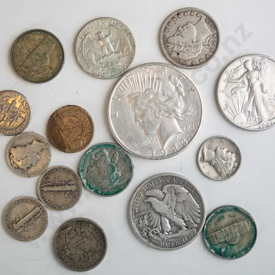 assorted United States of America coins including 1923 Liberty dollar, 1928 half dollar, 1935 Buffalo five cent etc.