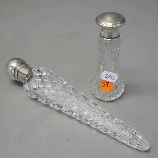 2 cut glass scent bottles with sterling silver collars and lids - one torpedo bottle L-190