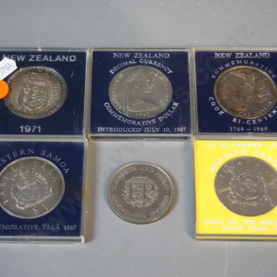 6 commemorative dollar coins - 4 New Zealand - 1967, 69, 71, & 72,  2 Samoan  - 1967 & 70