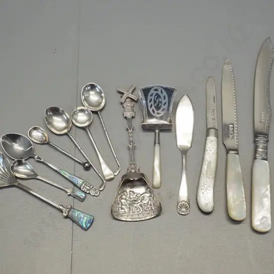 small spoons and serving cutlery, most are hallmarked sterling silver or marked "silver", some unmarked
