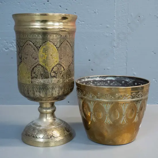 2 brass items - very heavy urn vase H-350 D-175 and a deco style pressed brass jardiniere marked JS&S, some dents