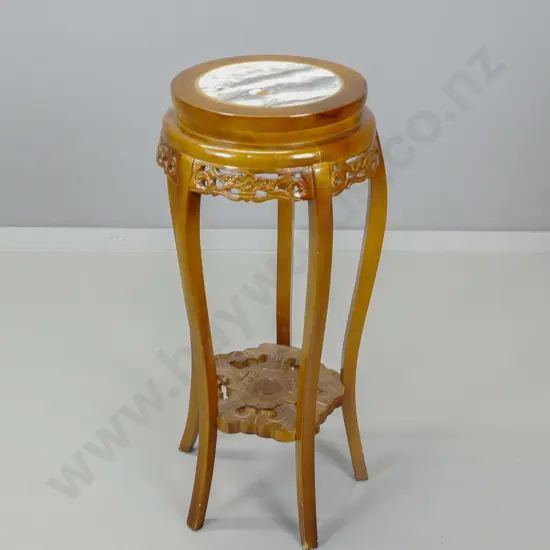 vintage round marble top plant stand on 4 sweeping legs, with carved bottom shelf H-680 D-290