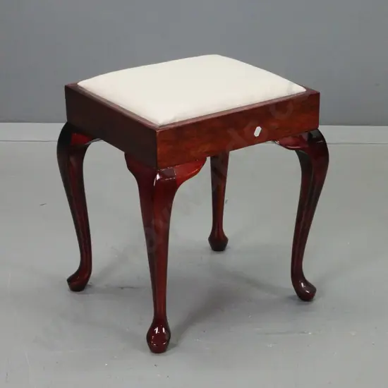 reproduction mahogany cab-leg stool with ivory coloured upholstered pop-out seat H-440 W-360 D-320