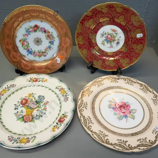4 floral cabinet plates - Victorian hand painted milk glass, MInton hand-painted, Spode, Paragon D-275