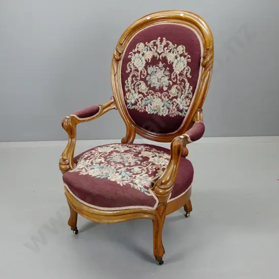 Victorian walnut medallion back gent's chair, w/ floral embroidered back and seat, on casters H-1070 W-700 D-660