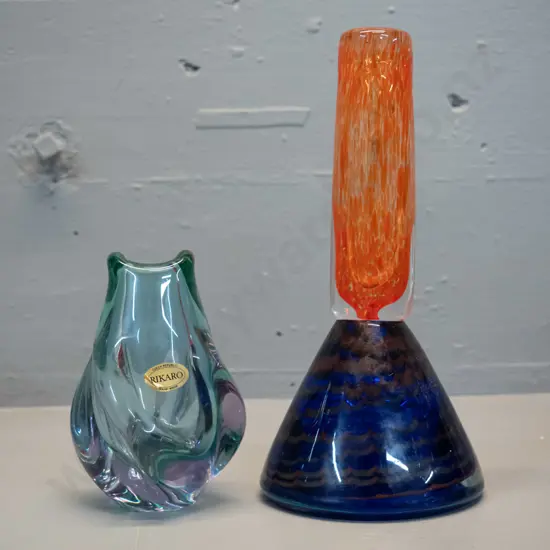 2 heavy glass vases - bud vase with orange and clear mottled top, large blue and orange swagged pattern base H-230 and a