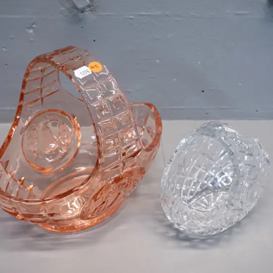 2 basket vases - pink depression glass H-210 L-230 and smaller cut crystal