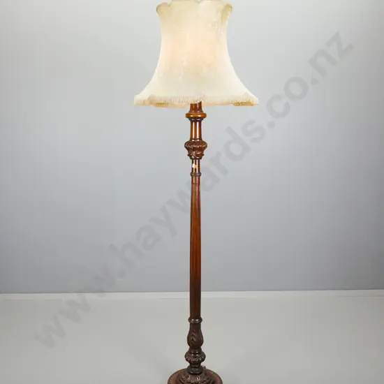 vintage carved timber standard lamp with fluted stem, carved acanthus motifs, on 3 scrolling feet with fringed ivory