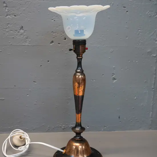 vintage copper table lamp with irridescent milk glass shade H-410 Shade D-160