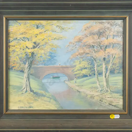 J Christensen - framed acrylic "On the towpath" H-260 W-340