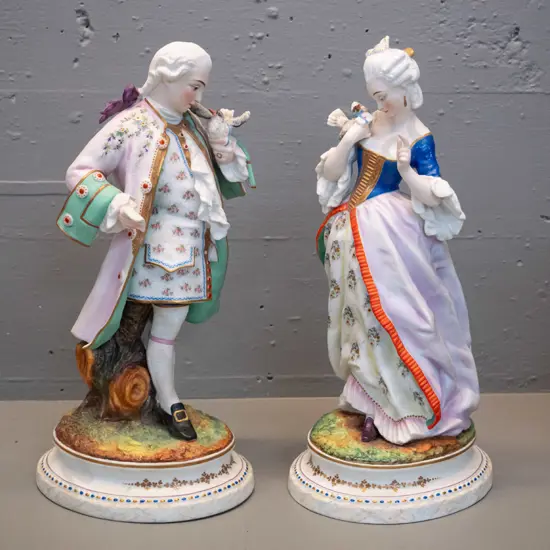 pair of European soft porcelain romantic style figurines - stamped AM on bottom H-360