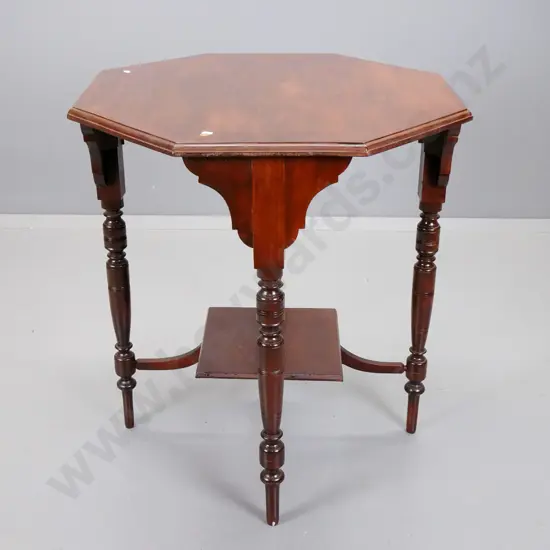 Edwardian kauri octagonal top table on turned legs, square bottom shelf, some unevenness to polish on top H-780 720x720