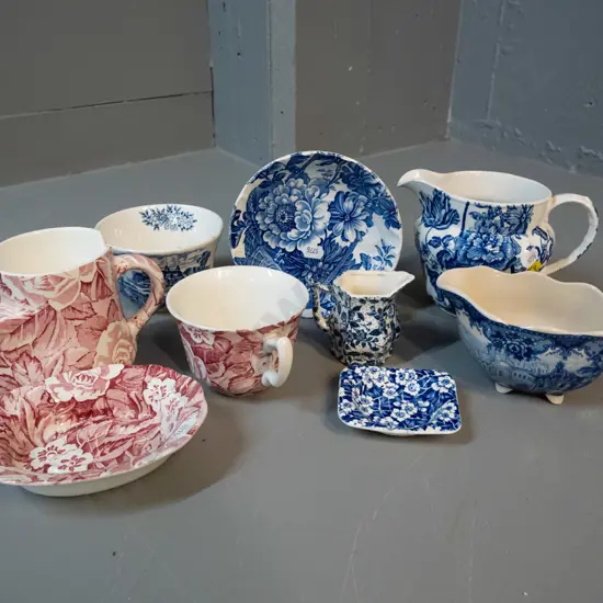 assorted vintage transfer ware - Burleigh 'Victorian Chintz' cup, shaving mug and soap dish, Royal Crownford 'Charlotte'