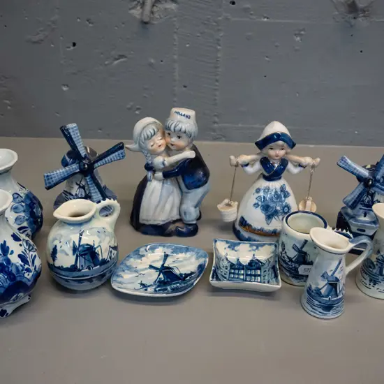 12 assorted small hand-painted Delft blue & white items - small jugs, vases, windmill ornaments, figurines, pin dishes.