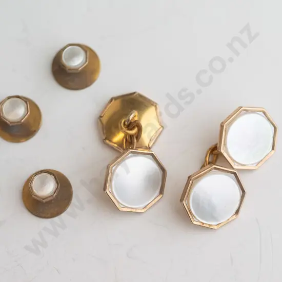 pair of gold plated mother of pearl cuff links, 3 gold mother of pearl shirt studs