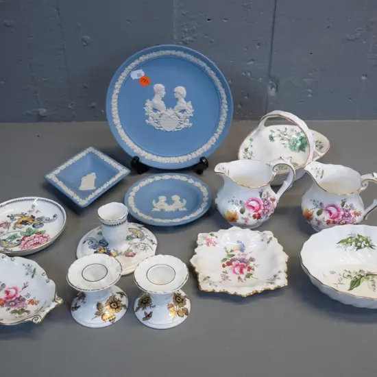 assorted English china - 3 pieces Wedgwood light blue jasperware, Royal Crown Derby 2 jugs & 2 dishes, Royal