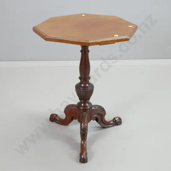 vintage mahogany octagonal top wine table on pedestal base, 3 carved cabriolet legs - some marks to top H630 D450